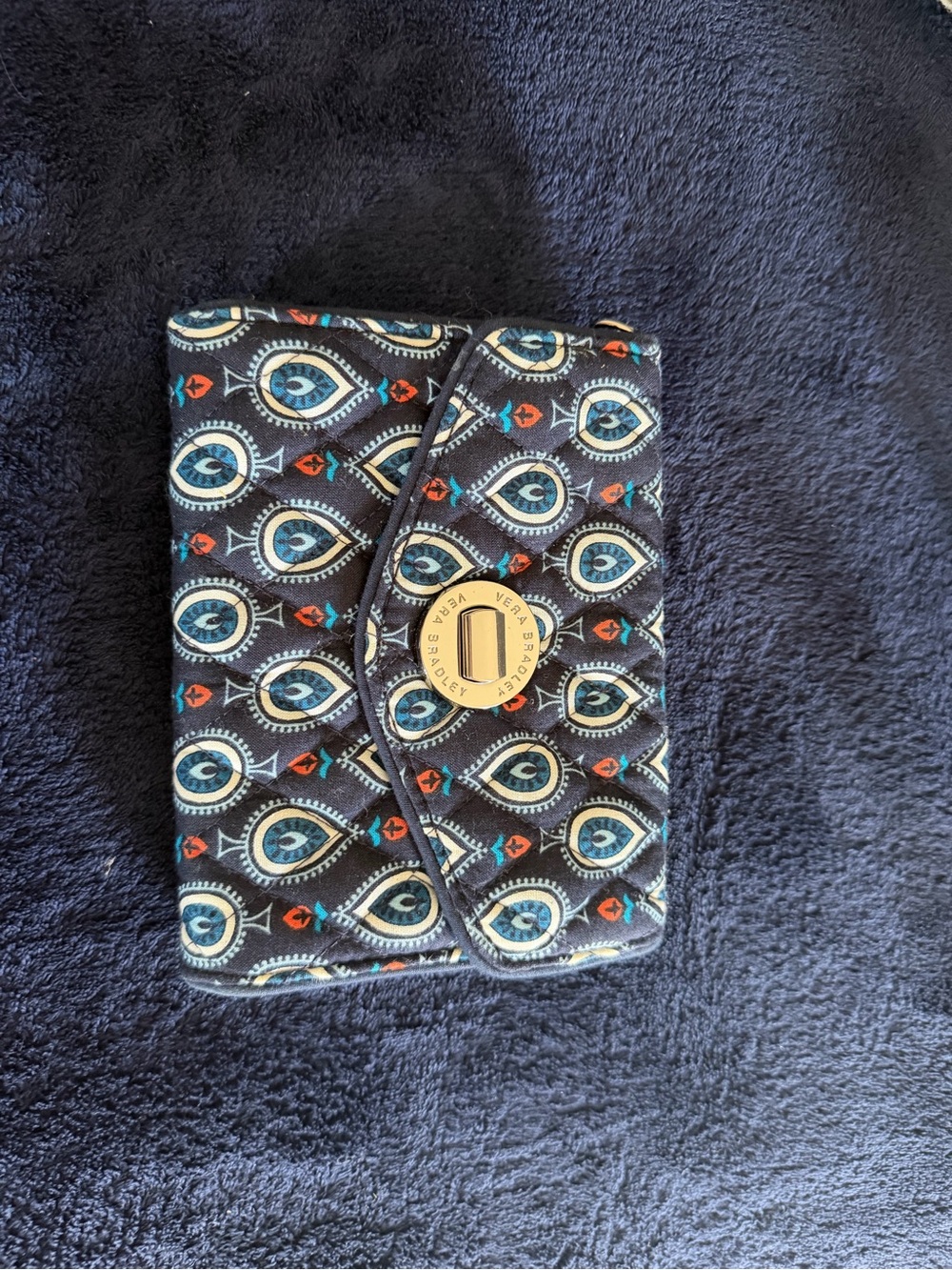 Vera Bradley Navy Quilted Turn-Lock Phone Wallet with Teal & Coral Accents